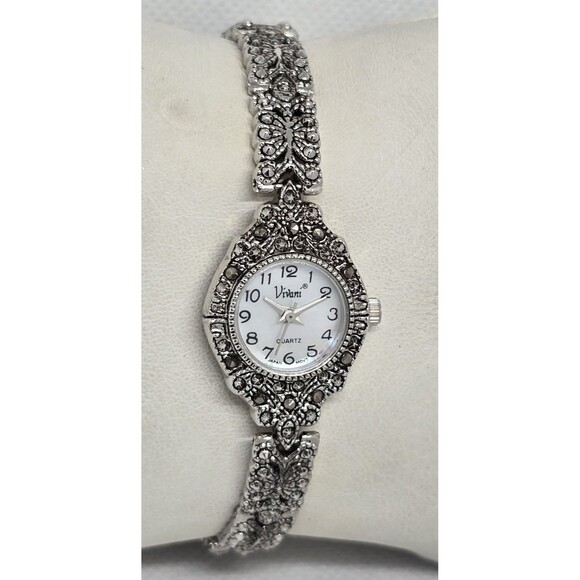 Women\'s Vivani Cocktail Stunning Silver Tone Marcasites Bracelet Band Watch 07